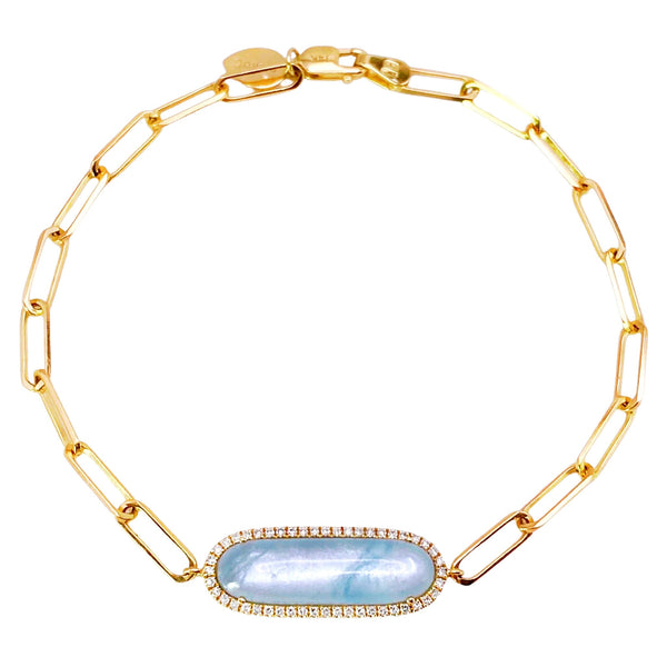 Meira T Milky Aquamarine Bar Bracelet available at Shaylula Jewlery & Gifts in Tarrytown, NY and online. Meira T’s feminine, modern jewels have cultivated a cult-like following and this bracelet is no exception! The dreamy aquamarine is surrounded by diamonds and is centered on a yellow gold paperclip chain. Love! • 14k, .15 ct dia., 3.68 ct aquamarine • 7"