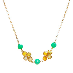 Michelle Pressler Chrysoprase & Ethiopian Opal Clover Necklace -Dainty but bold, this little necklace is crafted with vibrant Ethiopian opals and cheerful chrysoprase. Special worn alone or layer it for an extra splash.  Available at Shaylula Jewlery & Gifts in Tarrytown, NY and online.• Ethiopian opal, chrysoprase, gold filled chain  • 16" L  • Lobster clasp