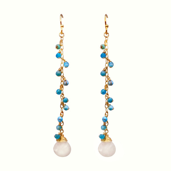 Sonya Renee Yes Please Necklace & Earring Set - Available at Shaylula Jewlery & Gifts in Tarrytown, NY and online. This Shaylula Exclusive set is comprised of the ever favorite Yes Please Necklace & Earrings, and is one of our best sellers! The double strand necklace features turquoise drops on a shimmer chain. The delicate, linear drop earrings have a cascade of turquoise beads and is finished with a wire wrapped moonstone briolette. Feminine and sexy! • Turquoise, moonstone, 14k gold filled