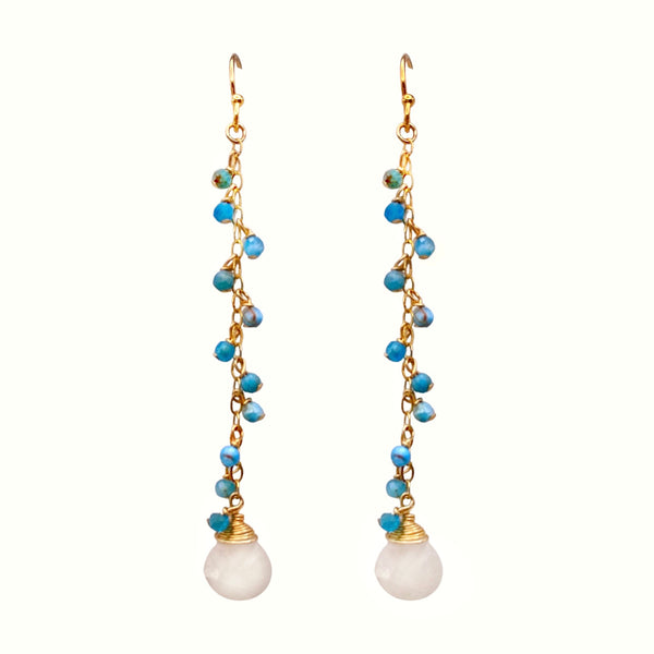 Sonya Renee Yes Please Necklace & Earring Set - Available at Shaylula Jewlery & Gifts in Tarrytown, NY and online. This Shaylula Exclusive set is comprised of the ever favorite Yes Please Necklace & Earrings, and is one of our best sellers! The double strand necklace features turquoise drops on a shimmer chain. The delicate, linear drop earrings have a cascade of turquoise beads and is finished with a wire wrapped moonstone briolette. Feminine and sexy! • Turquoise, moonstone, 14k gold filled