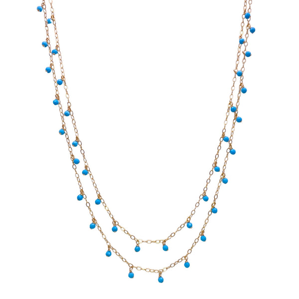 Sonya Renee Yes Please Necklace & Earring Set - Available at Shaylula Jewlery & Gifts in Tarrytown, NY and online. This Shaylula Exclusive set is comprised of the ever favorite Yes Please Necklace & Earrings, and is one of our best sellers! The double strand necklace features turquoise drops on a shimmer chain. The delicate, linear drop earrings have a cascade of turquoise beads and is finished with a wire wrapped moonstone briolette. Feminine and sexy! • Turquoise, moonstone, 14k gold filled