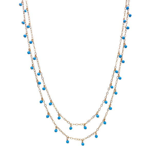 Sonya Renee Yes Please Necklace & Earring Set - Available at Shaylula Jewlery & Gifts in Tarrytown, NY and online. This Shaylula Exclusive set is comprised of the ever favorite Yes Please Necklace & Earrings, and is one of our best sellers! The double strand necklace features turquoise drops on a shimmer chain. The delicate, linear drop earrings have a cascade of turquoise beads and is finished with a wire wrapped moonstone briolette. Feminine and sexy! • Turquoise, moonstone, 14k gold filled