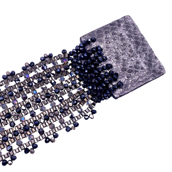 Millianna Brocade Cuff Bracelet - Available at Shaylula Jewlery & Gifts in Tarrytown, NY and online. Romantic and simultaneously edgy, this intricately handwoven cut crystal cuff with python skin magnetic closure looks cool with jeans or elegant dressed up.  • Cut crystal, rhinestone, python skin  • 6.5" L x 2.5" W