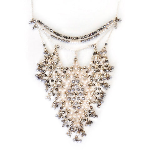 Millianna Persephone Crystal Bib Necklace - Available at Shaylula Jewlery & Gifts in Tarrytown, NY and online. Exotic and sexy- this piece is ready for a night out! Hand beaded necklace in cut crystal and pyrite beads with adjustable closure. Talk about making a statement! • Cut crystal, pyrite • 15" - 18" adjustable • Lobster clasp