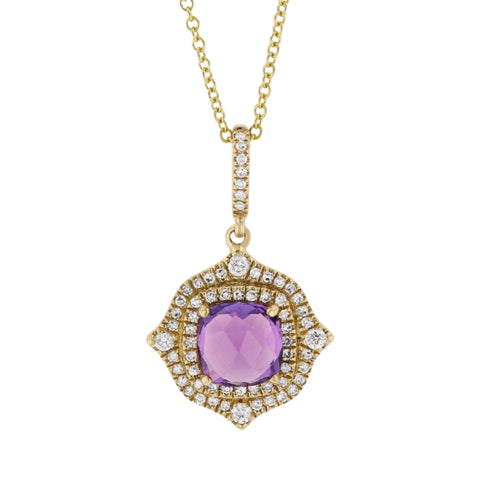 Amethyst & Diamond Arabesque Necklace available at Shaylula Jewlery & Gifts in Tarrytown, NY and online. This graceful arabesque-shaped pendant is fashioned in 14K yellow gold, and features a cushion-cut amethyst framed by a double halo of diamonds.  • 14k, .82 ct amethyst, .18 ct diamond  • 16" L  • Lobster claw