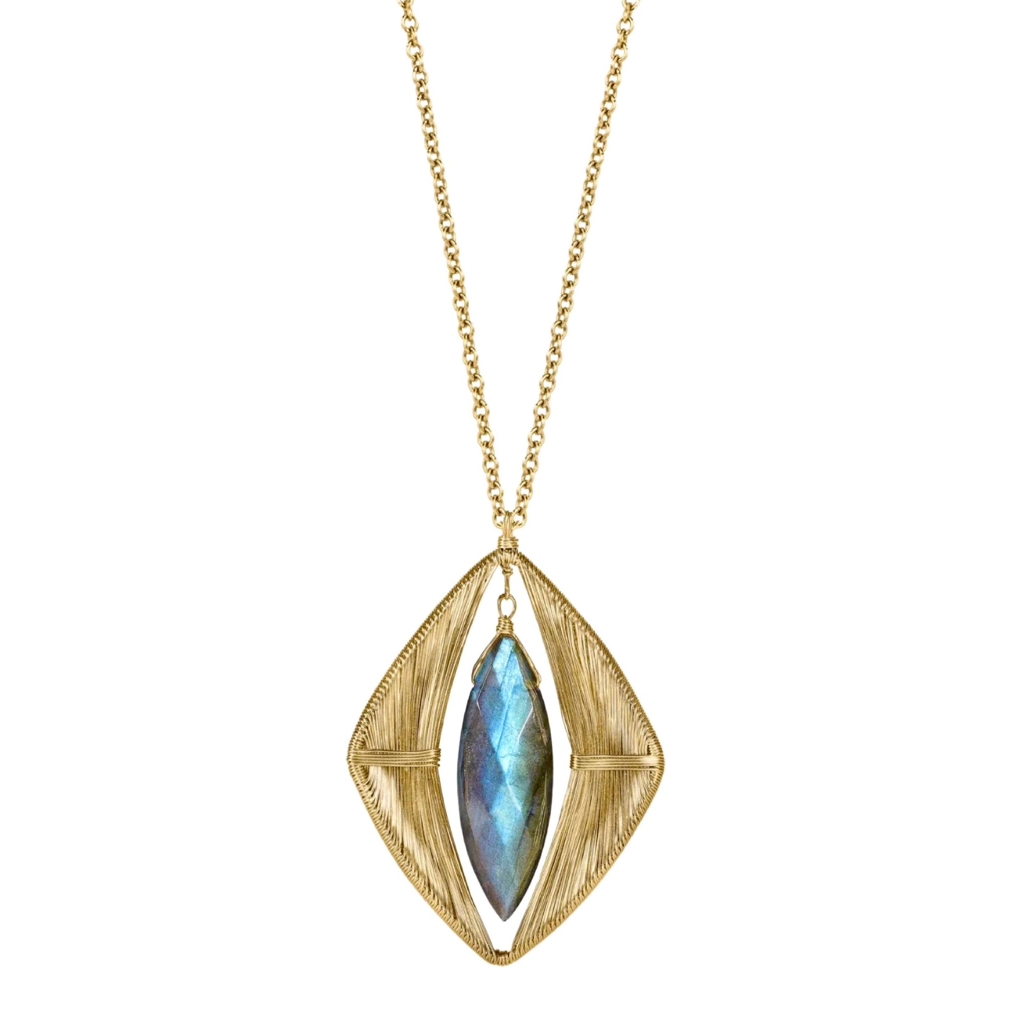 Dana Kellin Showcase Necklace available at Shaylula Jewlery & Gifts in Tarrytown, NY and online. Beautifully detailed striations of fine gauge wire are parted to reveal a dramatic, marquis-shaped labradorite briolette.  • 14k gold fill, labradorite  • 17" L, 1.75" L x 1.25" W pendant  • Lobster clasp