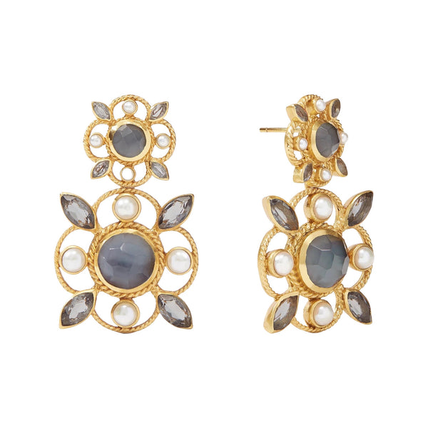 Julie Vos Monaco Statement Earrings  Available at Shaylula Jewlery & Gifts in Tarrytown, NY and online. Julie Vos distilled the opulence of Monaco—the French Riviera’s most lavish locale—into these dangling head-turners. Golden twisted wire quatrefoils frame a series of freshwater pearls and gemstones that catch the light and delicately frame the face.  • 24K gold plate, iridescent charcoal blue, mother of pearl doublet, pearl  • 1.7" L
