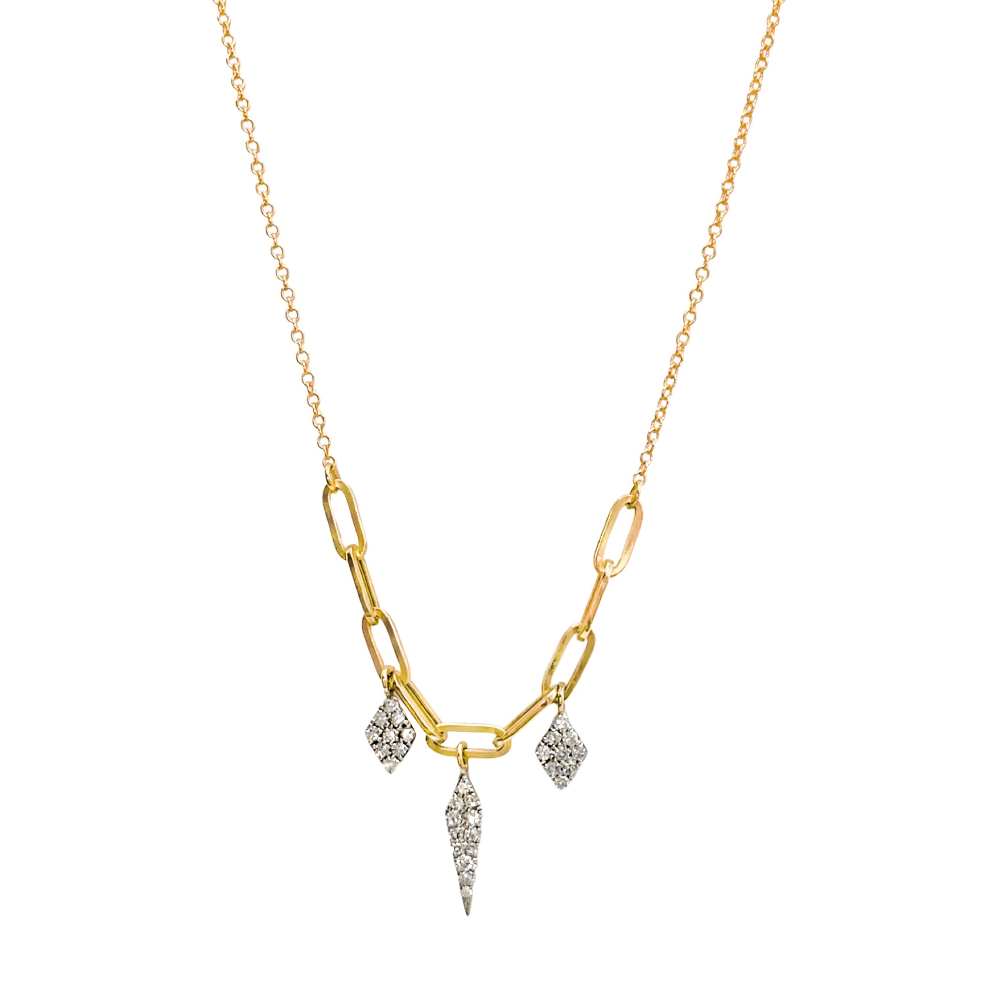 Meira T Diamond Charm Necklace available at Shaylula Jewlery & Gifts in Tarrytown, NY and online. This necklace by Meira T is the perfect mix of feminine and edgy. Pave diamond kite and dagger charms hang from a mix of yellow gold paperclip and delicate cable chain. You'll never want to take it off! • 14k, .16 ct dia • 16 - 18" L • Lobster clasp