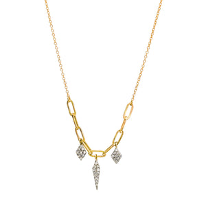 Meira T Diamond Charm Necklace available at Shaylula Jewlery & Gifts in Tarrytown, NY and online. This necklace by Meira T is the perfect mix of feminine and edgy. Pave diamond kite and dagger charms hang from a mix of yellow gold paperclip and delicate cable chain. You'll never want to take it off! • 14k, .16 ct dia • 16 - 18" L • Lobster clasp