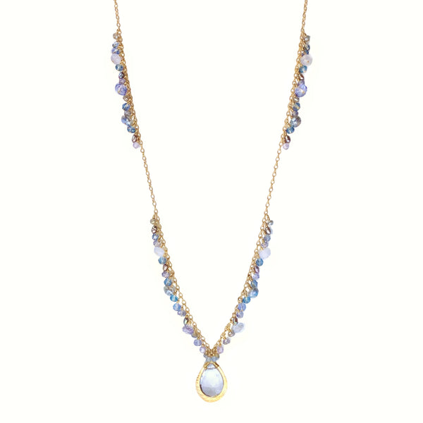 Dana Kellin Periwinkle Bib Necklace - Available at Shaylula Jewlery & Gifts in Tarrytown, NY and online. A beautiful spectrum of blues and lavenders combine to create a rich tonal palette in this romantic bib necklace. • Quartz, iolite, amethyst, crystal, topaz, freshwater pearl, 14k gold filled • 20" L • Lobster clasp