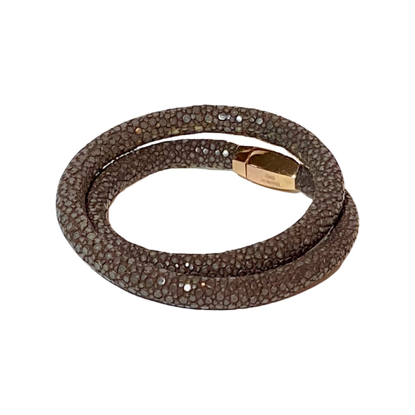 With a background in contemporary art, Marino Pesavento, shapes precious material into new forms creating real pieces of wearable art. His shagreen leather bracelet is simultaneously sleek and organic. It also features a user-friendly magnetic clasp. Available at Shaylula Jewlery & Gifts in Tarrytown, NY and online. 