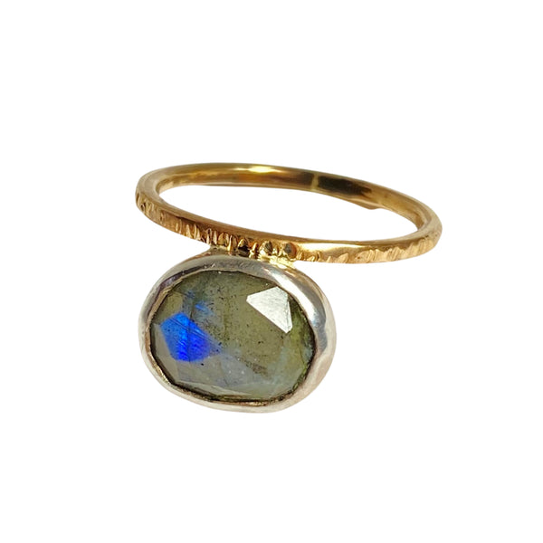 Asymmetric Mickey Lynn Labradorite Ring - Worn alone or stacked, this glowing handcrafted labradorite ring will be your new best friend. Labradorite is known as a stone of transformation and change, it can encourage self awareness. Available at Shaylula Jewlery & Gifts in Tarrytown, NY and online.