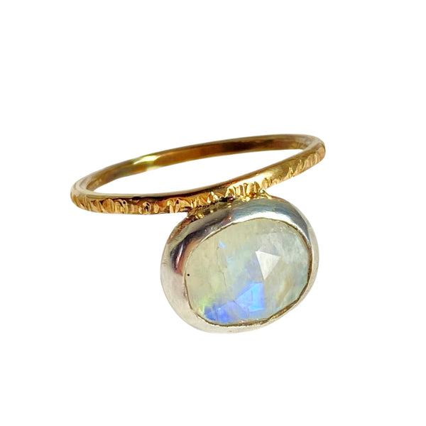 Asymmetric 10k, sterling silver, moonstone ring.Available at Shaylula Jewlery & Gifts in Tarrytown, NY