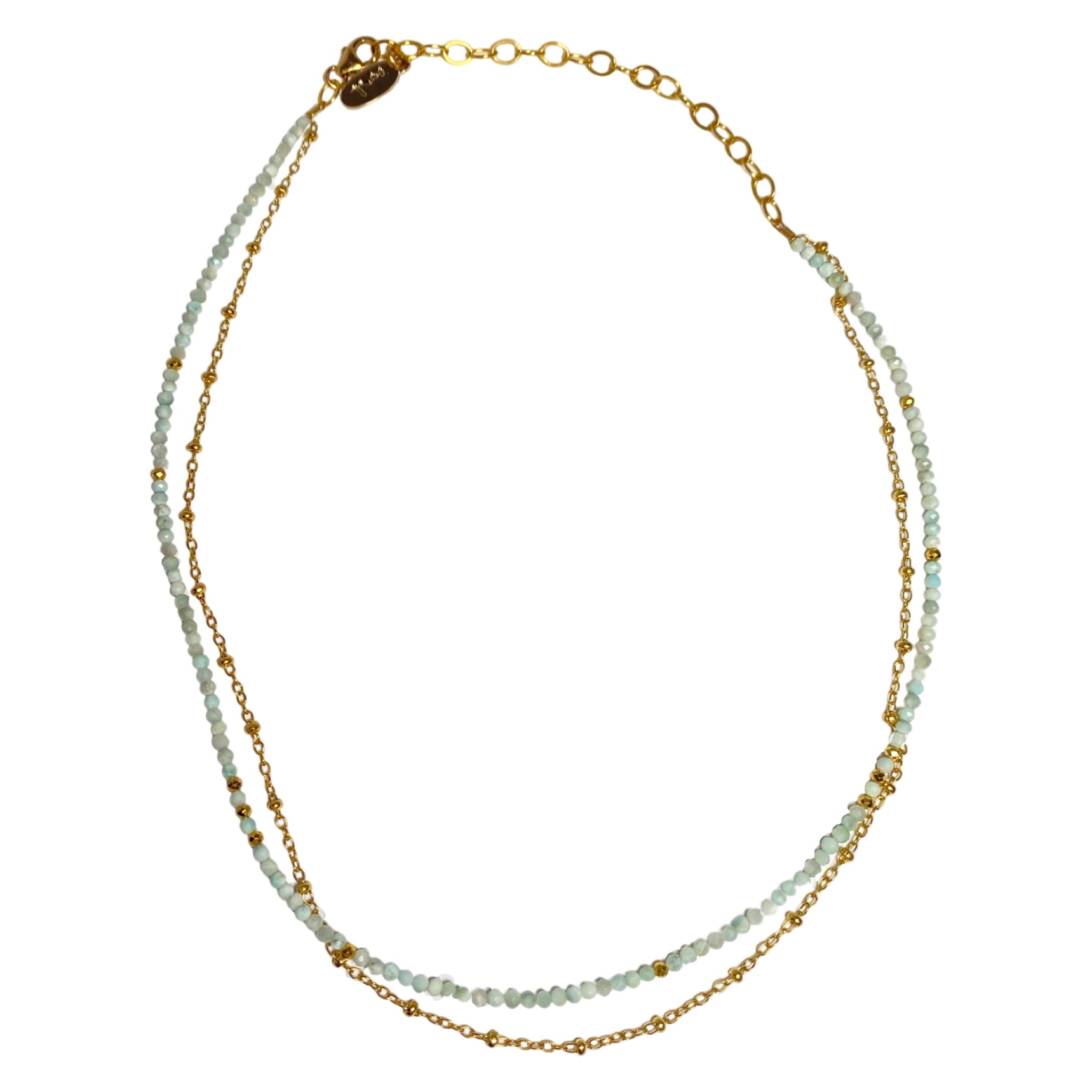 Mickey Lynn Larimar Choker - Available at Shaylula Jewlery & Gifts in Tarrytown, NY and online. A versatile foundation piece, this larimar beaded necklace has a gold sister chain attached and can be worn as a choker or wrapped twice and worn as a bracelet. •  Larimar, 14k gold filled • 12" - 15" L  • Lobster clasp