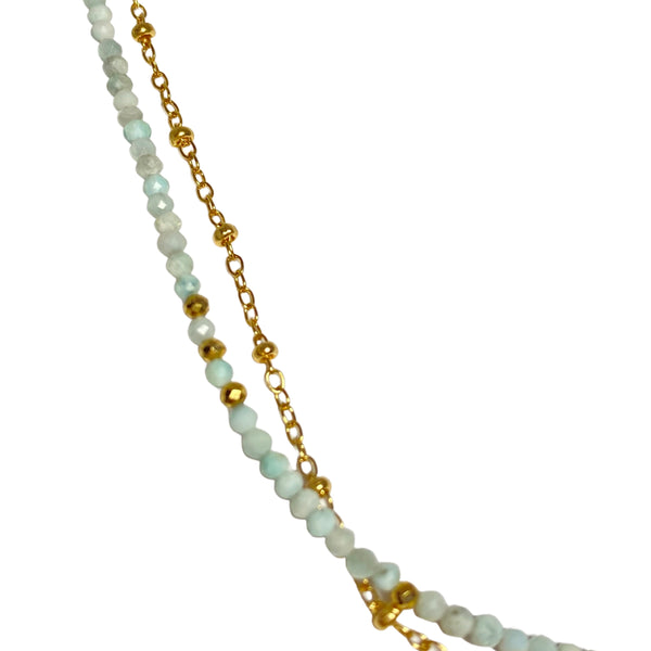 Mickey Lynn Larimar Choker - Available at Shaylula Jewlery & Gifts in Tarrytown, NY and online. A versatile foundation piece, this larimar beaded necklace has a gold sister chain attached and can be worn as a choker or wrapped twice and worn as a bracelet. • Larimar, 14k gold filled • 12" - 15" L • Lobster clasp