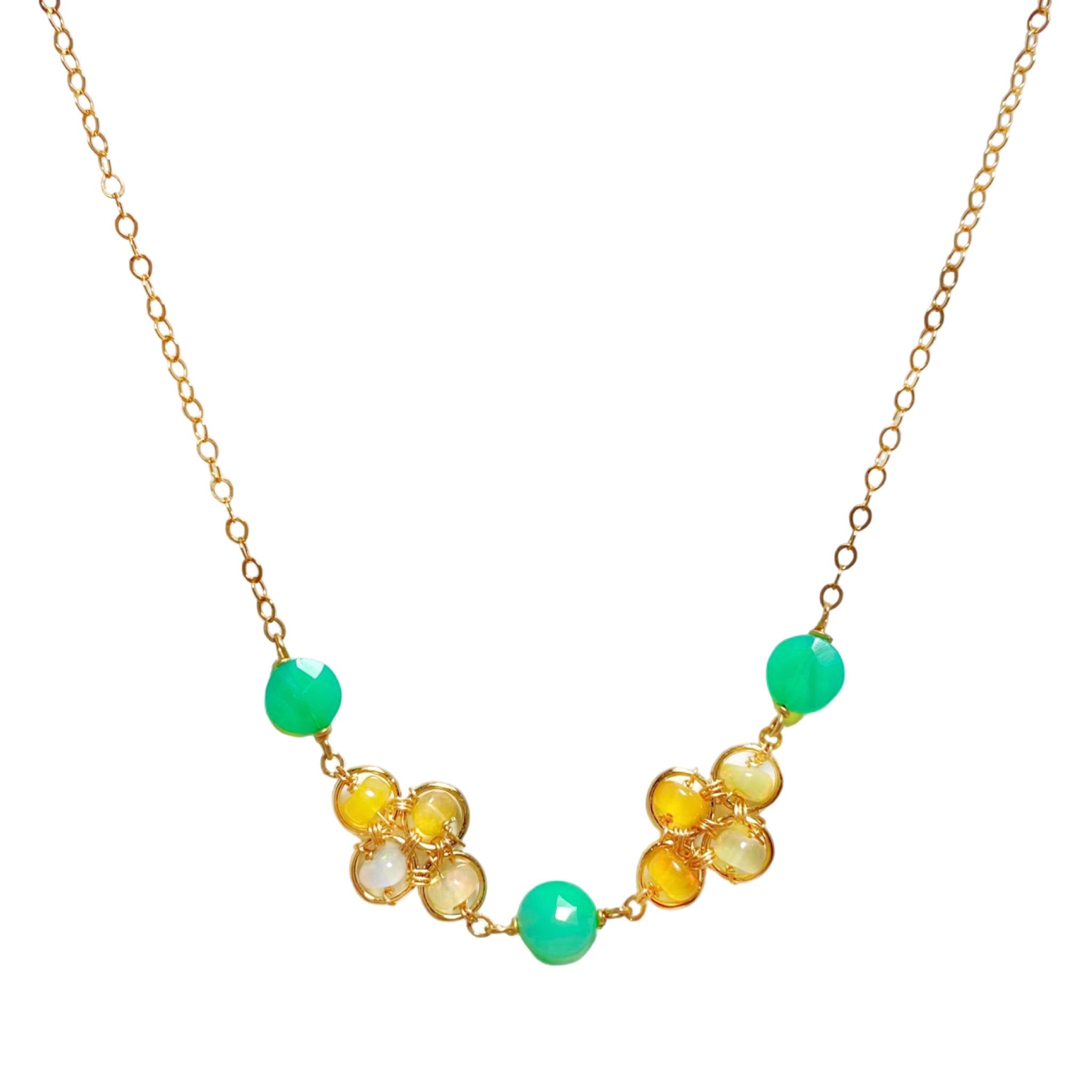 Michelle Pressler Chrysoprase & Ethiopian Opal Clover Necklace -Dainty but bold, this little necklace is crafted with vibrant Ethiopian opals and cheerful chrysoprase. Special worn alone or layer it for an extra splash.  Available at Shaylula Jewlery & Gifts in Tarrytown, NY and online.• Ethiopian opal, chrysoprase, gold filled chain  • 16" L  • Lobster clasp