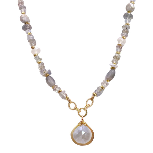 Dana Kellin Chalcedony Pearl Necklace - Available at Shaylula Jewlery & Gifts in Tarrytown, NY and online.Elegant and feminine, this Dana Kellin pearl and mixed gemstone necklace has a soft grey chalcedony pendant; it will become the classic piece you reach for over and over again... • 14k, grey chalcedony, pearl, labradorite, moonstone • 15.5" L , 1.25" x .5" pendant • Lobster clasp