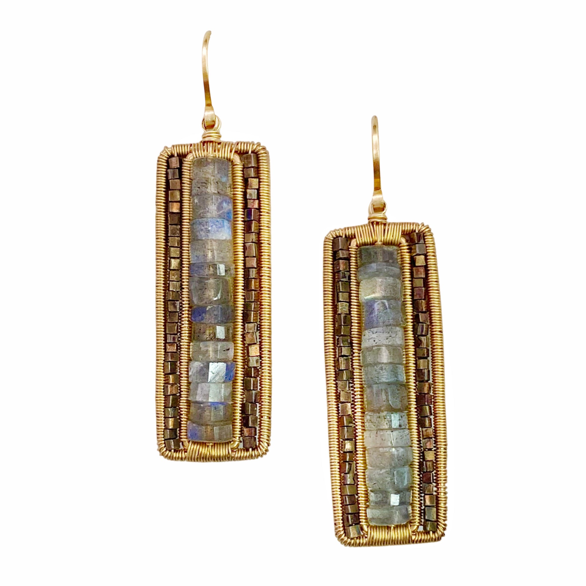 Dana Kellin Wire Wrapped Labradorite Bar Earrings Available at Shaylula Jewlery & Gifts in Tarrytown, NY