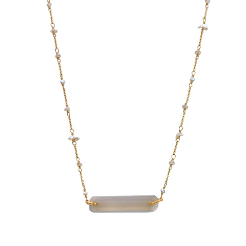 Dana Kellin Grey Moonstone Bar Necklace - Available at Shaylula Jewlery & Gifts in Tarrytown, NY and online. Dana Kellin intuitively designs jewelry for those who appreciate fine quality and value originality. This lovely gray moonstone necklace is an understated and sophisticated example of just that. Fresh, modern, and instantly classic.  • Grey Moonstone, freshwater pearls, labradorite, 14k gold filled  • 19" L  • Lobster clasp