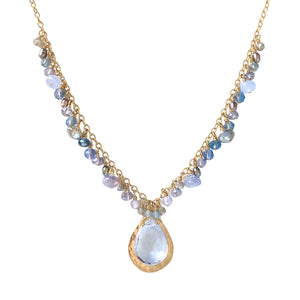 Dana Kellin Periwinkle Bib Necklace - Available at Shaylula Jewlery & Gifts in Tarrytown, NY and online.  A beautiful spectrum of blues and lavenders combine to create a rich tonal palette in this romantic bib necklace.  • Quartz, iolite, amethyst, crystal, topaz, freshwater pearl, 14k gold filled  • 20" L  • Lobster clasp