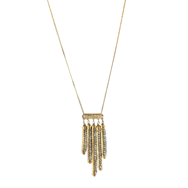 Dana Kellin Baby Fringe Necklace - This Dana Kellin necklace of hammered fringe of gold, wrapped with shimmering crystals, creates a fun, glamorous look that we just adore. or add a little extra something to your jeans and t-shirt.  Available at Shaylula Jewlery & Gifts in Tarrytown, NY and online.  • 14k gold filled, crystal  • 17" L  • Lobster clasp 