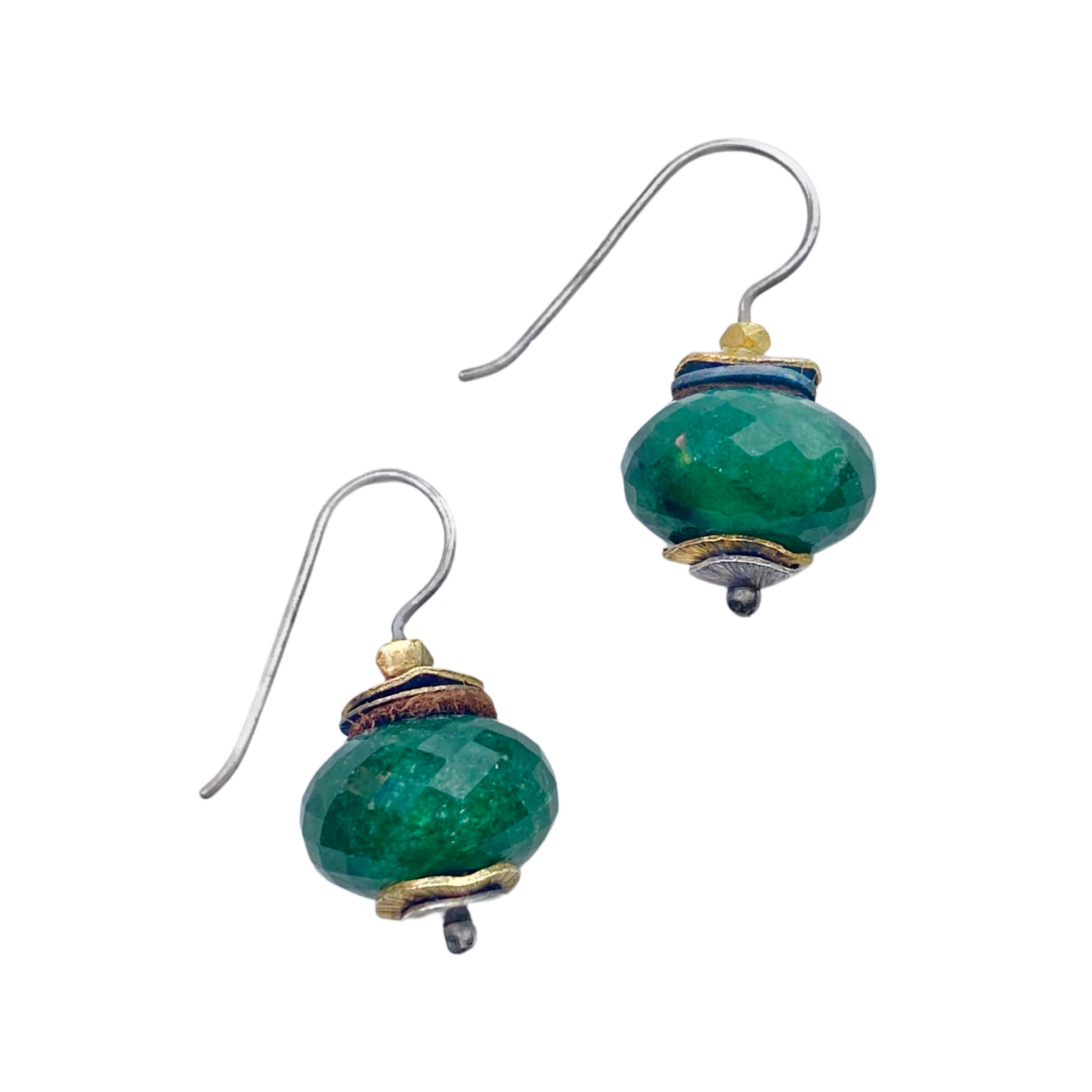 Lulu Designs Faceted green sunstone rondel drop earrings available at Shaylula Jewlery & Gifts in Tarrytown, NY