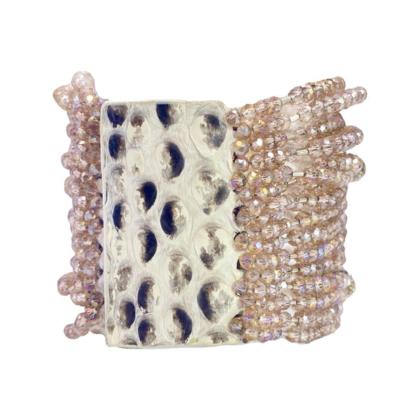 Millianna Glam Cuff Bracelet - Available at Shaylula Jewlery & Gifts in Tarrytown, NY and online. Nude, sexy and sparkly... hand-beaded cut crystal cuff with black diamond rhinestone pavé balls. Python skin magnetic closure.   • Cut crystal, rhinestone, python skin  • 6.5" L x 2.5" W
