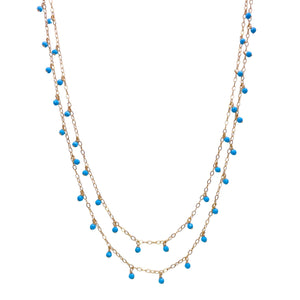 Sonya Renee Yes Please Necklace & Earring Set - Available at Shaylula Jewlery & Gifts in Tarrytown, NY and online. This Shaylula Exclusive set is comprised of the ever favorite Yes Please Necklace & Earrings, and is one of our best sellers! The double strand necklace features turquoise drops on a shimmer chain. The delicate, linear drop earrings have a cascade of turquoise beads and is finished with a wire wrapped moonstone briolette. Feminine and sexy! • Turquoise, moonstone, 14k gold filled 