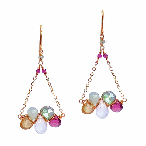 Vannucci Rosé Champagne Earrings - Available at Shaylula Jewlery & Gifts in Tarrytown, NY and online. Rosé all day! Bubbly gems in rosé champagne hues are woven together and hang from rose gold chains making these earrings a pretty choice for a sparkling night out.  • Rhodolite garnet, rose quartz, labradorite, pearl moonstone, zircon  • 2" L  • 14k rose gold fill earwire