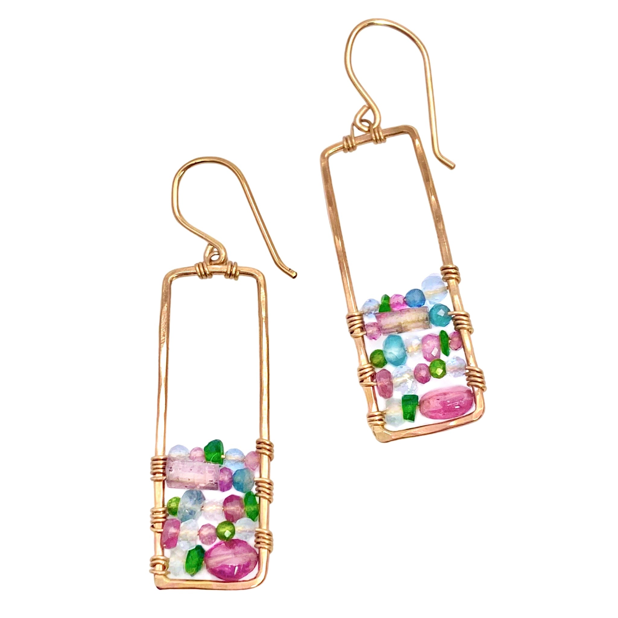 Vannucci Tourmaline Stained Glass Earrings - Available at Shaylula Jewlery & Gifts in Tarrytown, NY and online. Playful and modern, these earrings feature a hand-hammered yellow gold frame wired with a beautiful mosaic mix of tourmaline and aquamarine gemstones.  • Tourmaline, aquamarine, opal, 14k gold filled  • 1.75" L  • 14k gold fill earwire