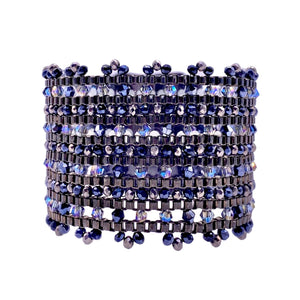 Millianna Brocade Cuff Bracelet - Available at Shaylula Jewlery & Gifts in Tarrytown, NY and online. Romantic and simultaneously edgy, this intricately handwoven cut crystal cuff with python skin magnetic closure looks cool with jeans or elegant dressed up.  • Cut crystal, rhinestone, python skin  • 6.5" L x 2.5" W