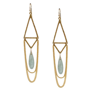 Lulu Designs Milan Earrings - Available at Shaylula Jewlery & Gifts in Tarrytown, NY and online. Structure and fluidity find balance in Lulu Designs' Milan Earrings. A yellow bronze hammered frame is finished with a faceted aquamarine drop and draped chains. Made with love in Mill Valley, CA.   • Yellow bronze, aquamarine, 14k gold filled  • 3.25" L;  .71" L x  .24" W aquamarine  • 14k gold fill earwire