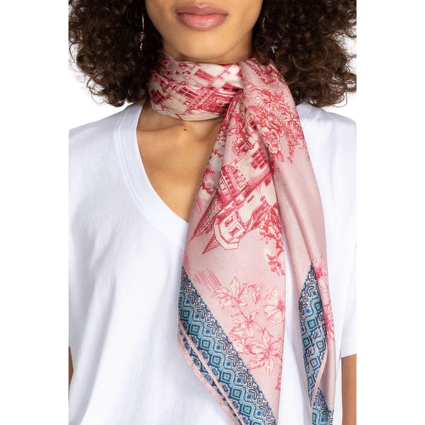 Johnny Was House on the Hill Scarf Available at Shaylula Jewlery & Gifts in Tarrytown, NY and online. This season-less silk scarf is a modern twist on a classic toile print and will keep you looking effortlessly chic. The tassels not only give the scarf a boho vibe, but also add a bit of weight for graceful draping. However you style it, the House on the Hill will add the finishing touch to your look. • 100% Silk • 44"W x 44"L • Hand wash; dry flat