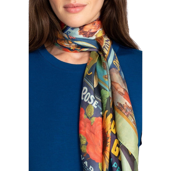 Johnny Was Crate Scarf Available at Shaylula Jewlery & Gifts in Tarrytown, NY and online. The vintage inspired print gives this season-less silk scarf a touch of whimsy. The tassels not only add to the scarf a boho vibe, but also add a bit of weight for graceful draping. However you style it, the Crate Scarf will add the finishing touch to your look. • 100% Silk • 44"W x 44"L • Hand wash; dry flat