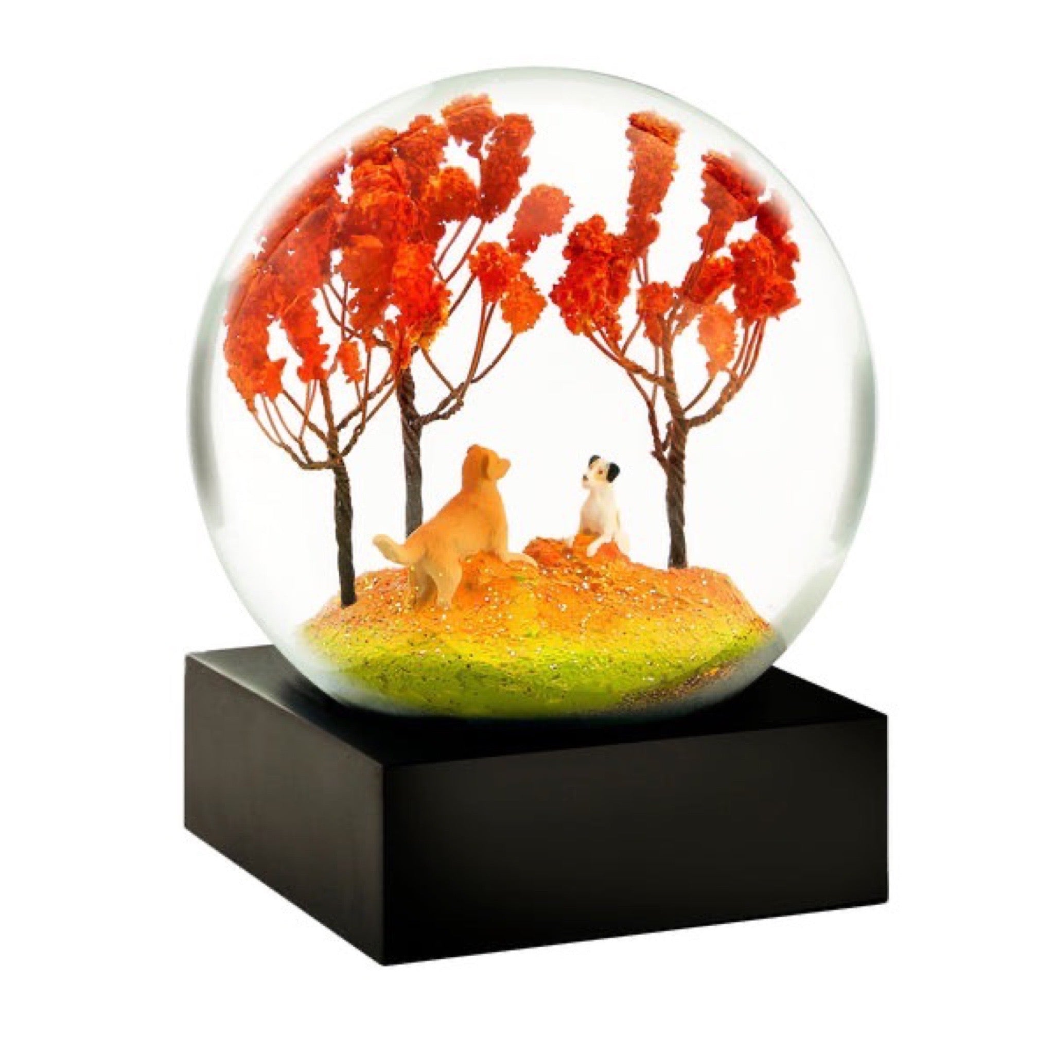 Cool Snow Globes Autumn Pals Snow Globe available at Shaylula Jewlery & Gifts in Tarrytown, NY and online. Everyone knows that a freshly raked pile of leaves is the ultimate Autumn playground. This charming snow globe features a Jack Russell Terrier and Golden Retriever ready to dive headlong into the mix; best friends at play on an autumn afternoon...  • 4.5" H x 4" D