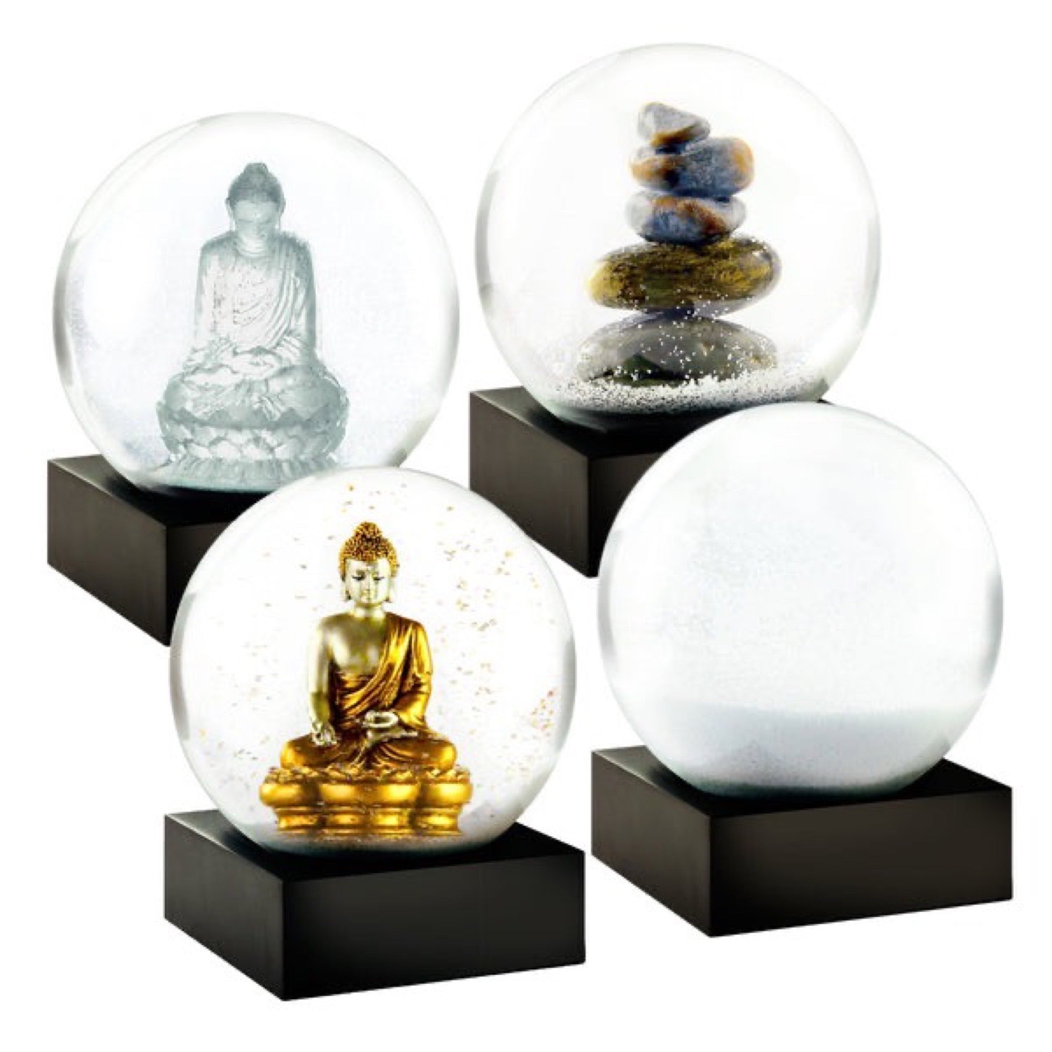 Cool Snow Globes Zen Mini Snow Globe Set available at Shaylula Jewlery & Gifts in Tarrytown, NY and online. Among our bestselling pieces, the Crystal and Gold Buddhas, Cairn, and Snowball snow globes have each provided a source of tranquility to those who have watched their quiet movement. Now, together in miniature, they join to create a remarkably meditative and soothing force.  • 1.75" W x 2.25" H