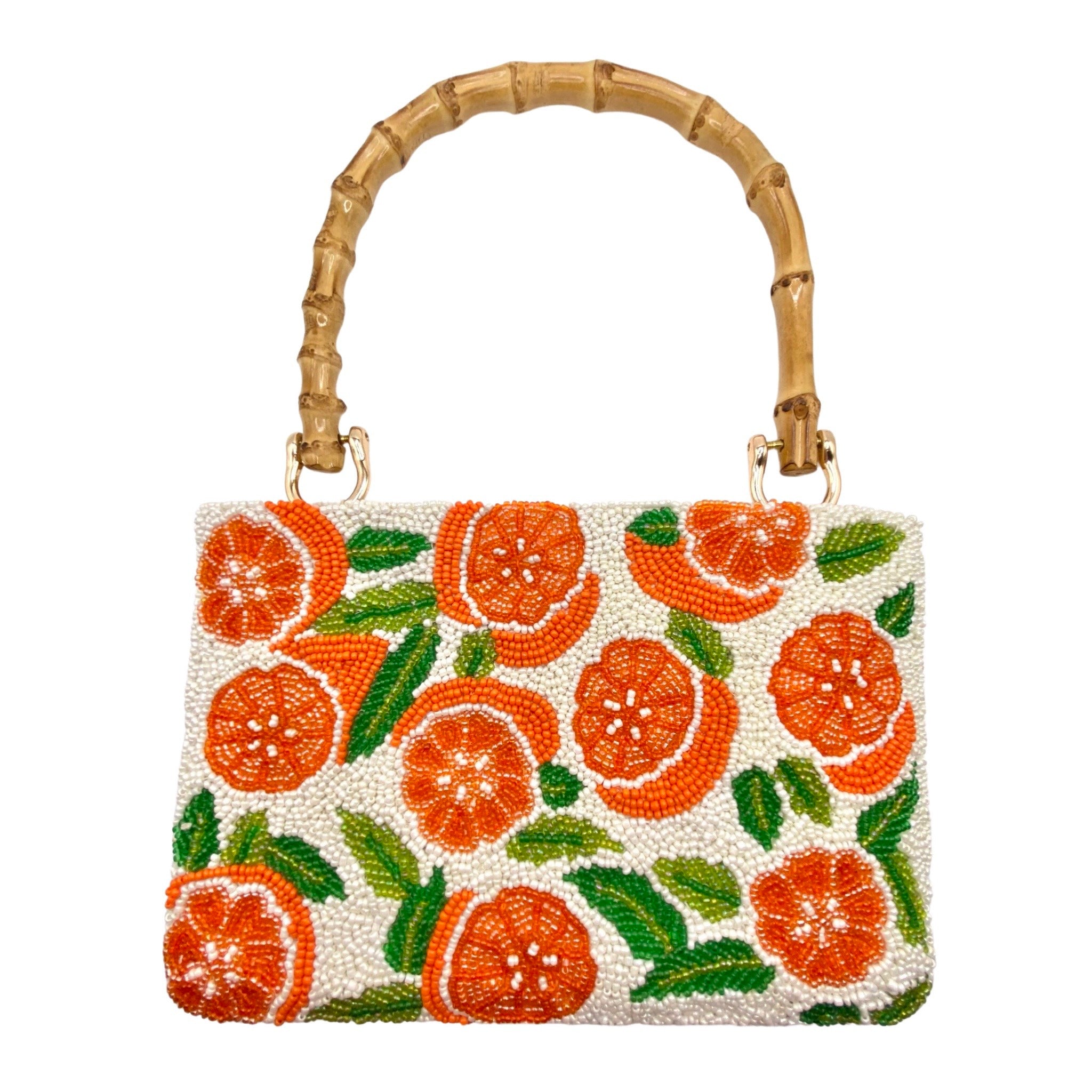 Tiana NY Love for Oranges Beaded Bag available at Shaylula Jewlery & Gifts in Tarrytown, NY and online.This cheery handmade beaded bag is petite but is still big enough to hold all your essentials and it has a zipper closure to keep everything safe! It features a bamboo handle and a satin lining with a small interior pocket. • 8.5" W x 6" H