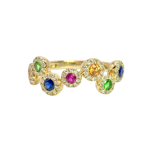 Confetti Rainbow & Diamond Ring Available at Shaylula Jewlery & Gifts in Tarrytown, NY and online. This playful ring features rubies, sapphires, emeralds and citrines surrounded by a halo of white diamonds set in 14k yellow gold. The perfectaddition to your ring party!  • 14k, .23 ct dia, .46 ct colored gems  • Size