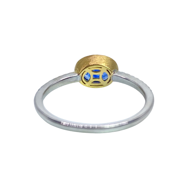 Bezel Set Sapphire & Pave Diamond Ring Available at Shaylula Jewlery & Gifts in Tarrytown, NY and online. This beautifully crafted ring has a fresh, contemporary design. The deep sapphire sits in a brushed yellow gold bezel and is set on a white gold pave diamond band.  • 14k, .07 ct dia, .94 ct sapphire  • Size
