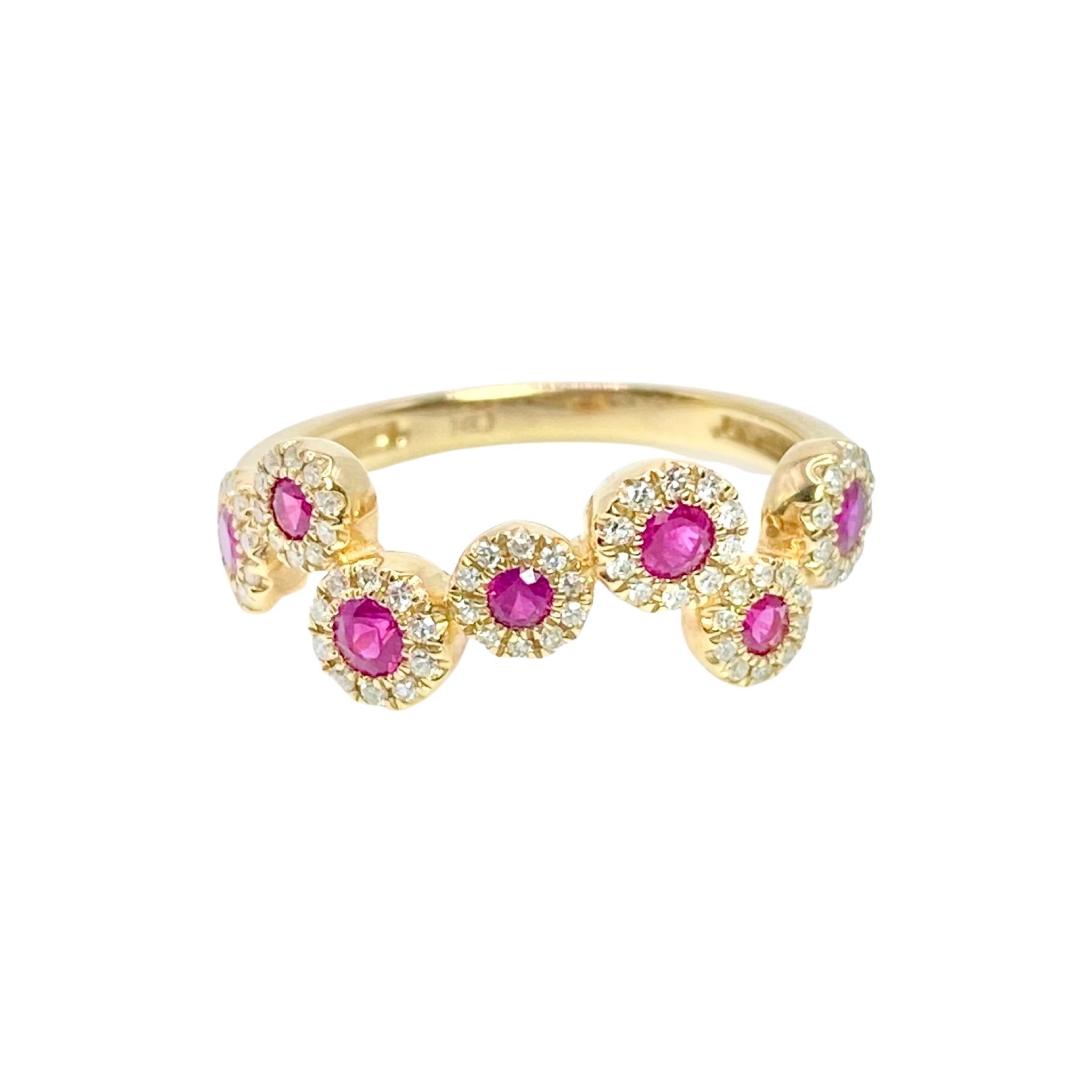 Confetti Ruby & Diamond Ring Available at Shaylula Jewlery & Gifts in Tarrytown, NY and online. This playful ring features rubies surrounded by a halo of white diamonds set in 14k yellow gold.  • 14k, .23 ct dia, .41 ct ruby  • Size