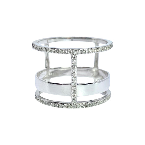 White Gold Diamond T Bar Ring Available at Shaylula Jewlery & Gifts in Tarrytown, NY and online. This White Gold Diamond T Bar Ring is a modern classic! Intersecting bands of pave diamonds and high polished white gold elevate this minimal design to a real statement.  • 14k, diamond  • Size