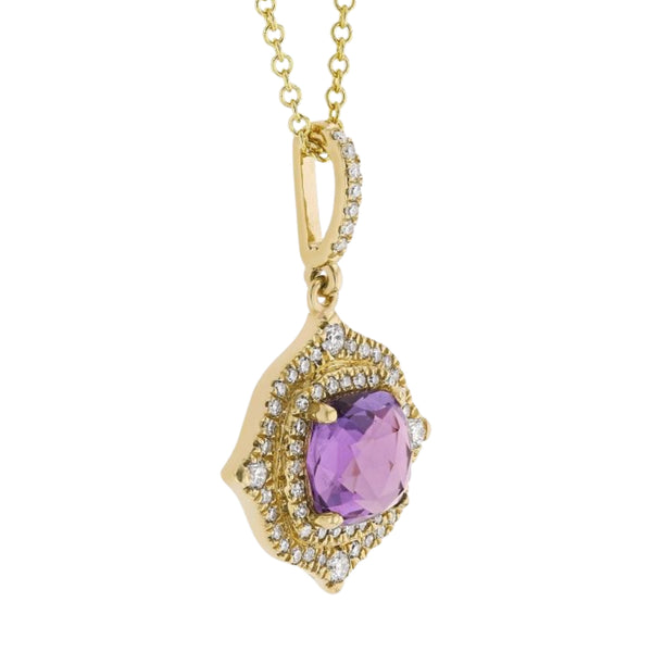 Amethyst & Diamond Arabesque Necklace available at Shaylula Jewlery & Gifts in Tarrytown, NY and online. This graceful arabesque-shaped pendant is fashioned in 14K yellow gold, and features a cushion-cut amethyst framed by a double halo of diamonds.  • 14k, .82 ct amethyst, .18 ct diamond  • 16" L  • Lobster claw