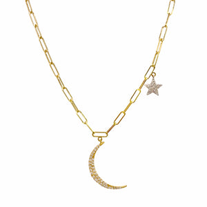 Meira T Diamond Moon & Star Necklace available at Shaylula Jewlery & Gifts in Tarrytown, NY and online. This celestial crescent moon and star necklace by Meira T glitters with diamonds but is simple enough for every day. The pave charms hang from a yellow gold paperclip chain necklace.  • 14k, .24 ct dia  • Lobster clasp
