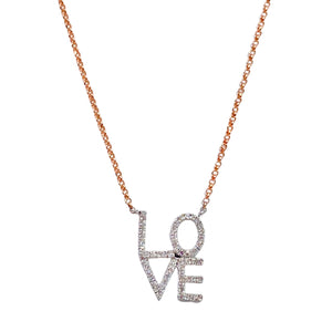 Dilamani Diamond LOVE Necklace available at Shaylula Jewlery & Gifts in Tarrytown, NY and online. Inspired by Robert Indiana's Love sculpture, this pave diamond pendant is set in white gold and hangs on a rose gold chain. What's not to love?!?   • 14k, .15 ct dia  •16 -18" L  • Lobster clasp
