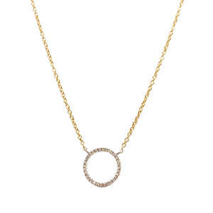 Dilamani Pave Diamond Open Circle Necklace available at Shaylula Jewlery & Gifts in Tarrytown, NY and online. Simplicity at its finest - This Meira T necklace features a modern pave diamond open circle in white gold on a yellow gold chain, ensuring it goes with everything!  • 14k, .09 ct diamond  • 16 - 18" L  • Lobster clasp