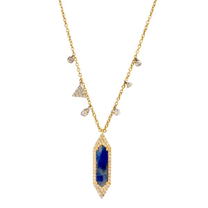 Meria T Sapphire & Diamond Capsule Necklace available at Shaylula Jewlery & Gifts in Tarrytown, NY and online. This Meira T necklace features a modern and moody sapphire surrounded by pave diamonds hanging from a delicate gold chain and is flanked by geometric diamond charms on either side.  • 14k, .40 ct diamond, 2.30 ct sapphire  • 16" L  • Lobster clasp