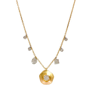 Meira T Petal Diamond Necklace available at Shaylula Jewlery & Gifts in Tarrytown, NY and online. This brushed, freeform petal pendant is accented with a cluster of diamonds in the center and mixed-shaped diamond charms along the 14K yellow gold necklace.  • 14k, .25 ct dia  • 16" L  • Lobster clasp