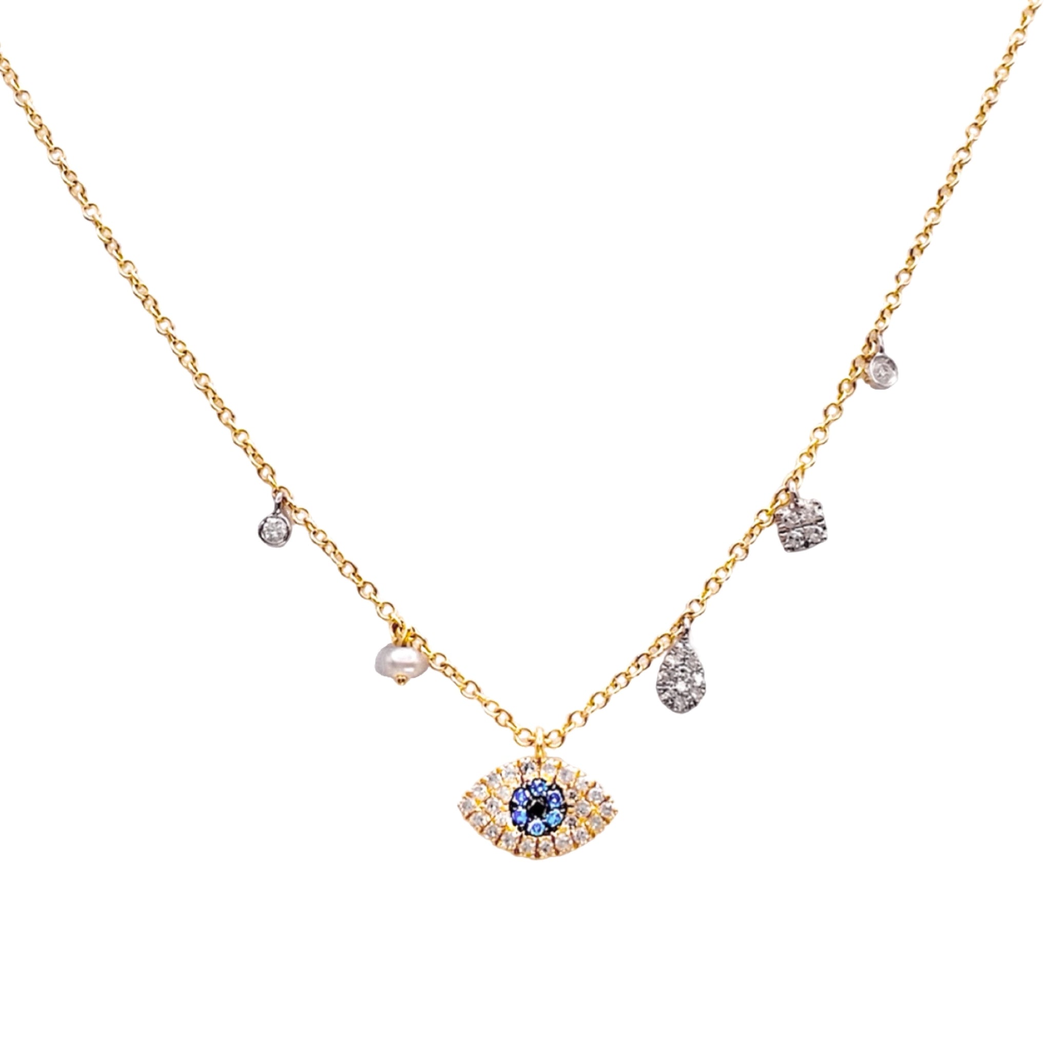 Meira T Blue & Black Diamond Evil Eye Necklace available at Shaylula Jewlery & Gifts in Tarrytown, NY and online. Accented with mixed-shaped diamond charms and a luminous pearl, this 14K yellow gold necklace features an evil eye pendant adorned with shimmering white, blue and black diamonds.  • 14k, .19 ct dia, pearl  • 18" L  • Lobster clasp