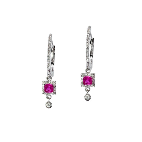 Meira T Ruby & Diamond Earrings available at Shaylula Jewlery & Gifts in Tarrytown, NY and online. These Meira T ruby drop earrings give you just a tiny pop of color. Crafted in 14k white gold and accented with diamonds they are lovely little earrings you'll live in.  • 14k, .25 ct dia  • Huggie post