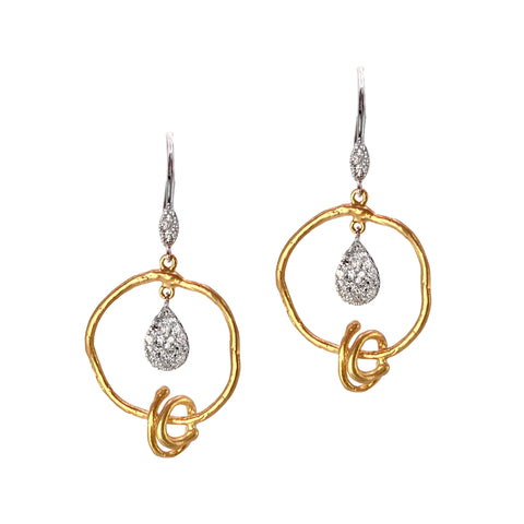 Meira T Organic Hoop Diamond Earrings Available at Shaylula Jewlery & Gifts in Tarrytown, NY and online.These special earrings are the definition of effortless glamour. The organic shaped gold ring has a pave diamond teardrop floating in its center and a gold coil dangling off the bottom. • 14k, .36 ct dia 